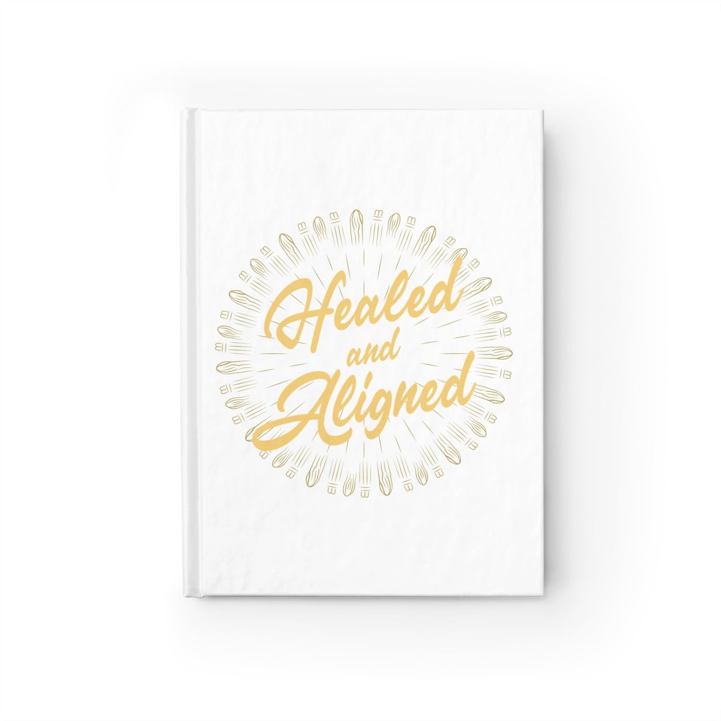 Printify spiritual journaling notebook with healed and aligned gold design on white cover