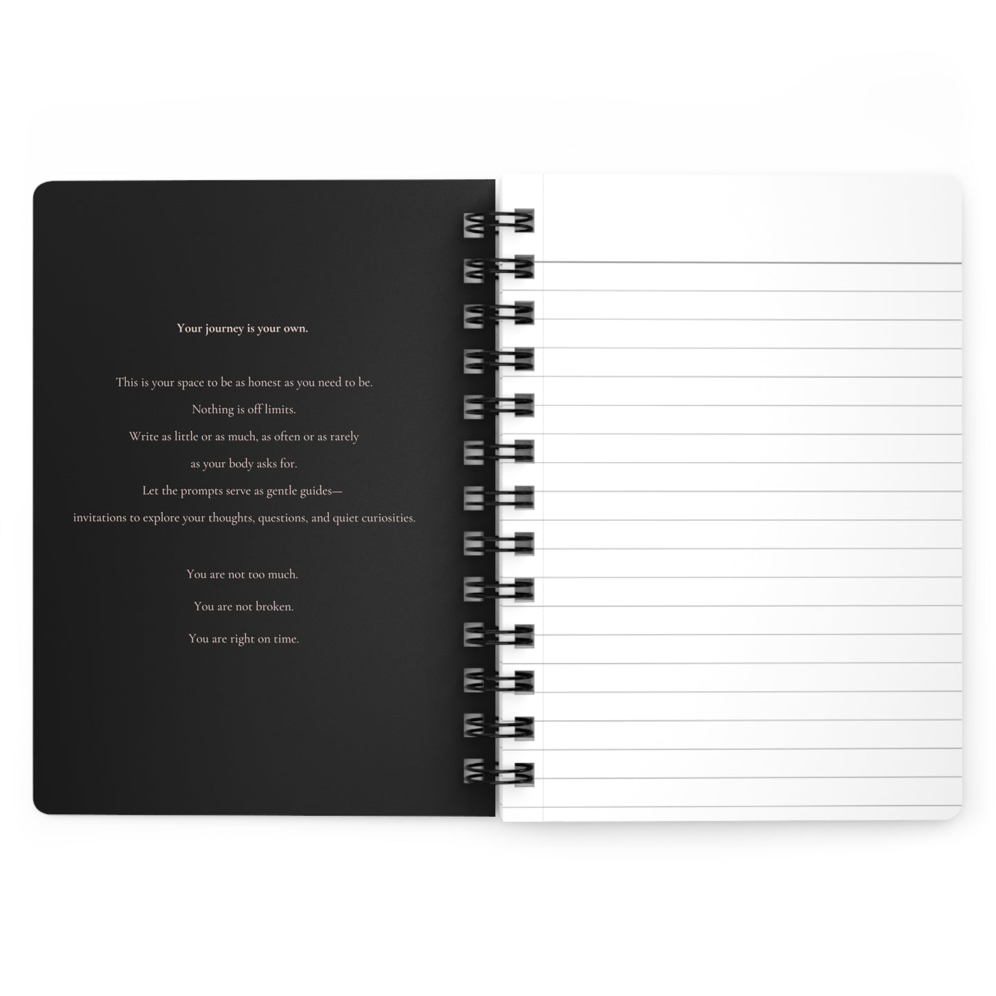 Open transformational journaling guide by Printify with inspirational text on the left and blank lined pages on the right