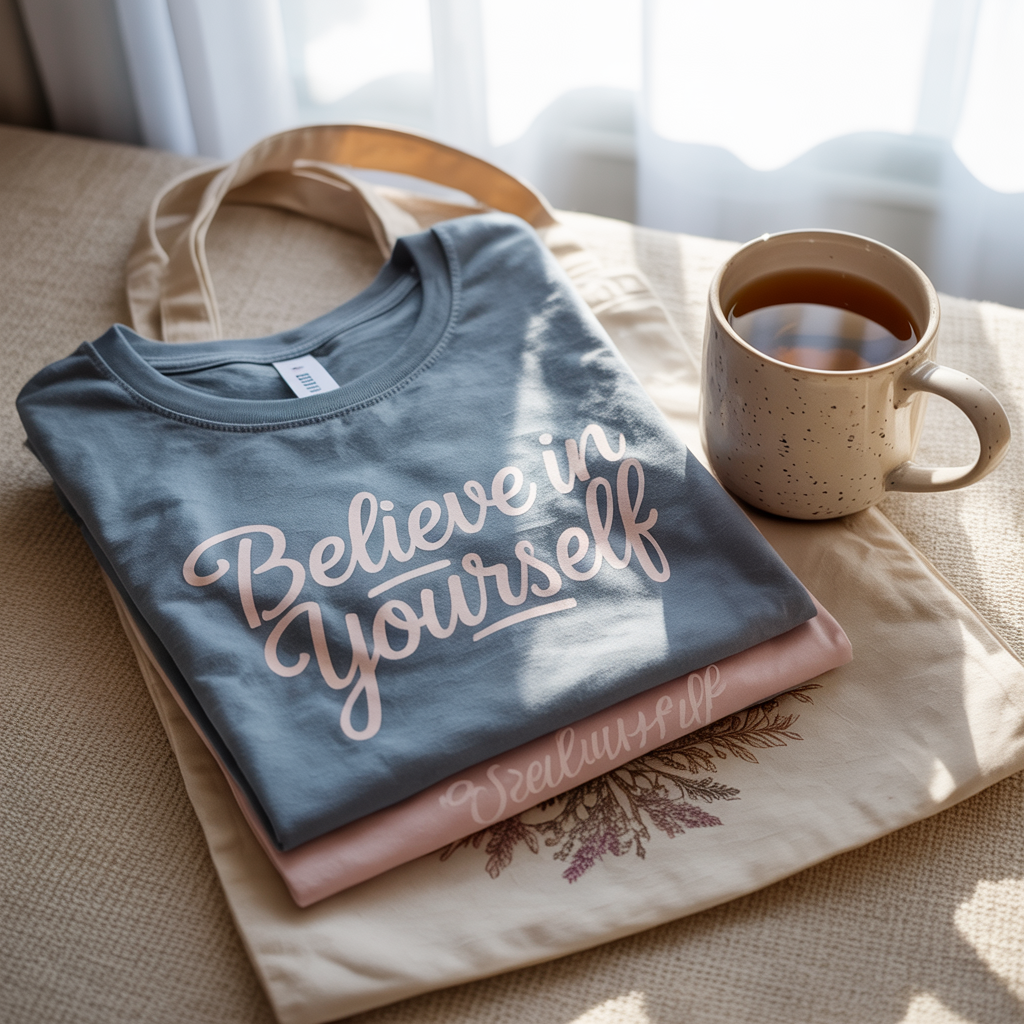 A folded blue graphic t-shirt with the words “Believe in Yourself” stacked on a botanical canvas tote bag, next to a speckled ceramic mug of tea, all bathed in soft natural light for a relaxed and empowering lifestyle vibe.