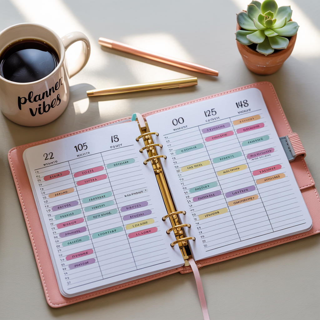 A colorful weekly planner open on a desk with neatly labeled time blocks, a coffee mug labeled "planner vibes," metallic pens, and a small potted succulent, styled in soft daylight with a focus on calming productivity and structure.