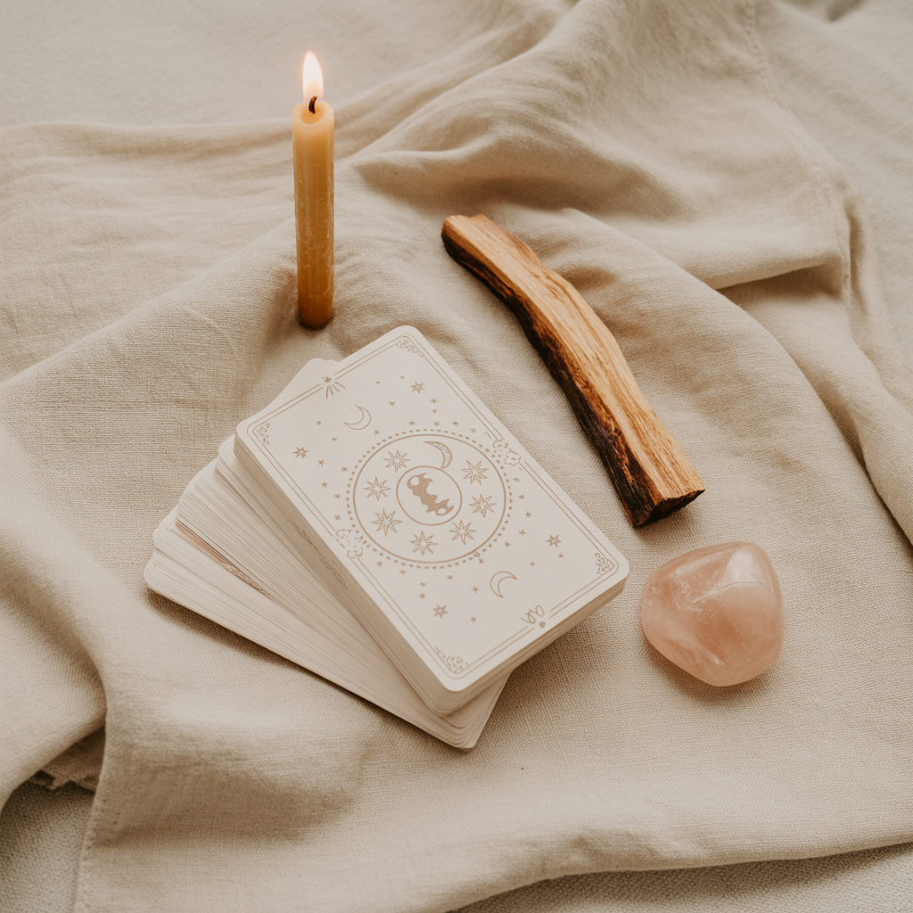 A soft flat lay of spiritual tools including a stack of tarot cards with moon and star illustrations, a lit beeswax candle, a palo santo stick, and a rose quartz crystal, arranged on a neutral linen cloth with warm natural lighting.