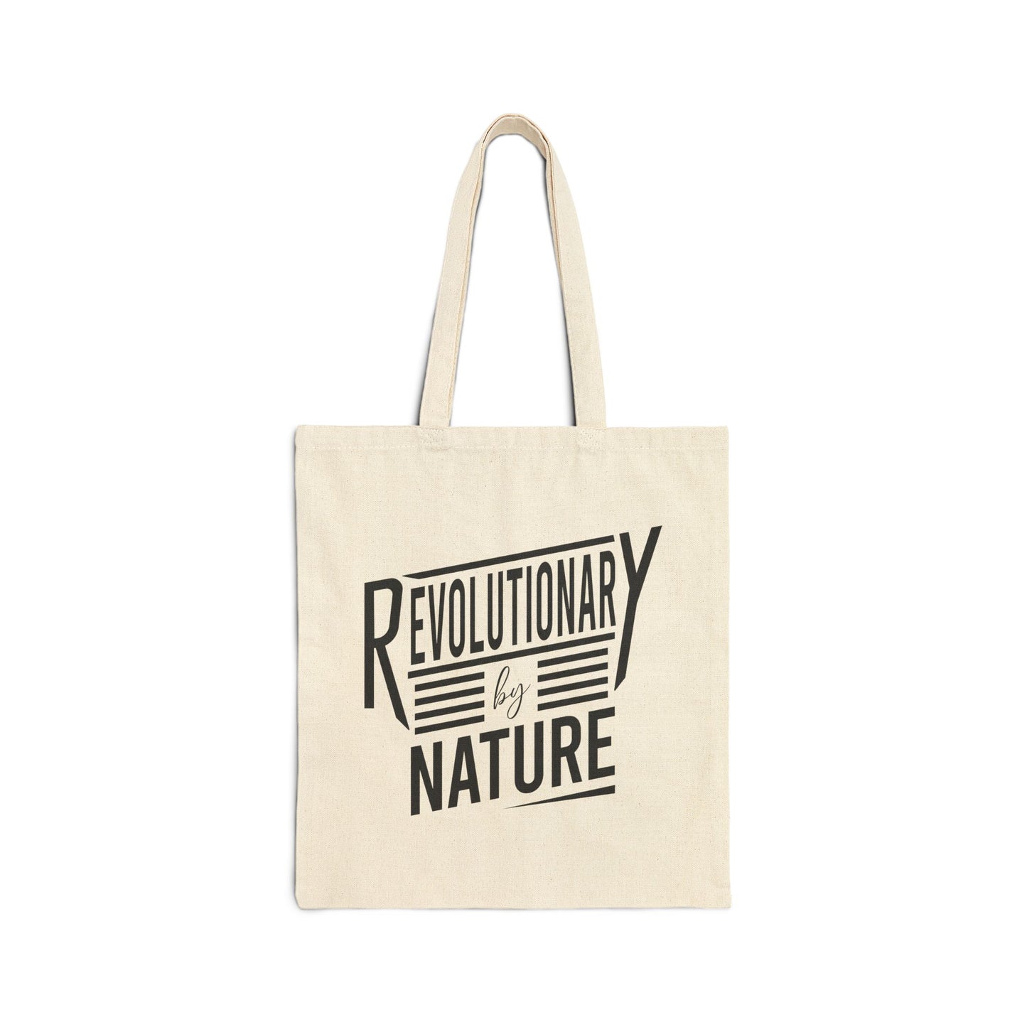 Printify Revolutionary by Nature tote bag in beige with black typography design and long handles