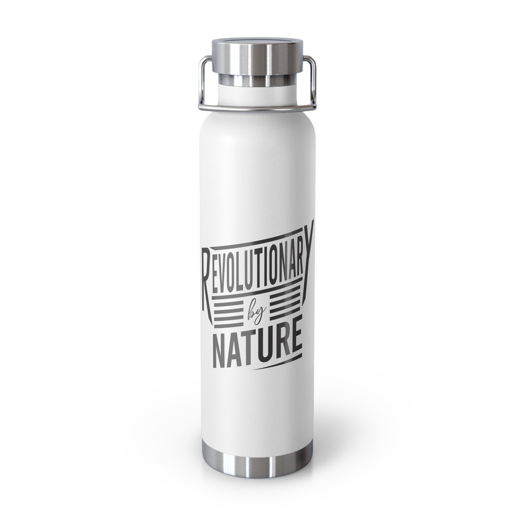 Printify white metal mug with stainless steel lid featuring revolutionary by nature text design