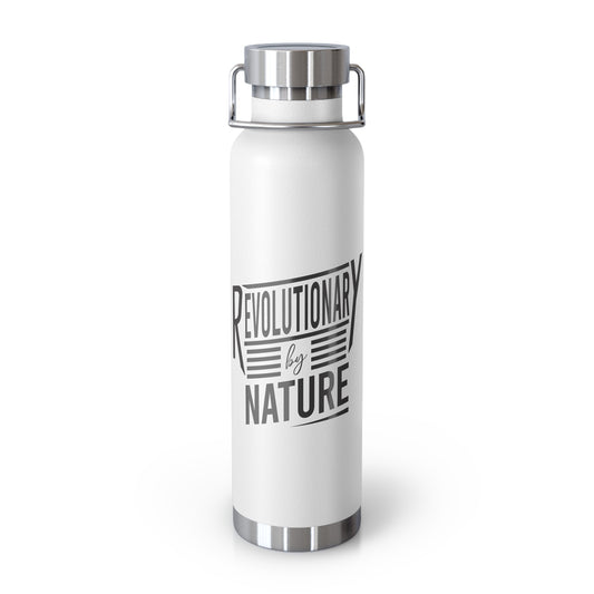 Printify white metal mug with stainless steel lid featuring revolutionary by nature text design