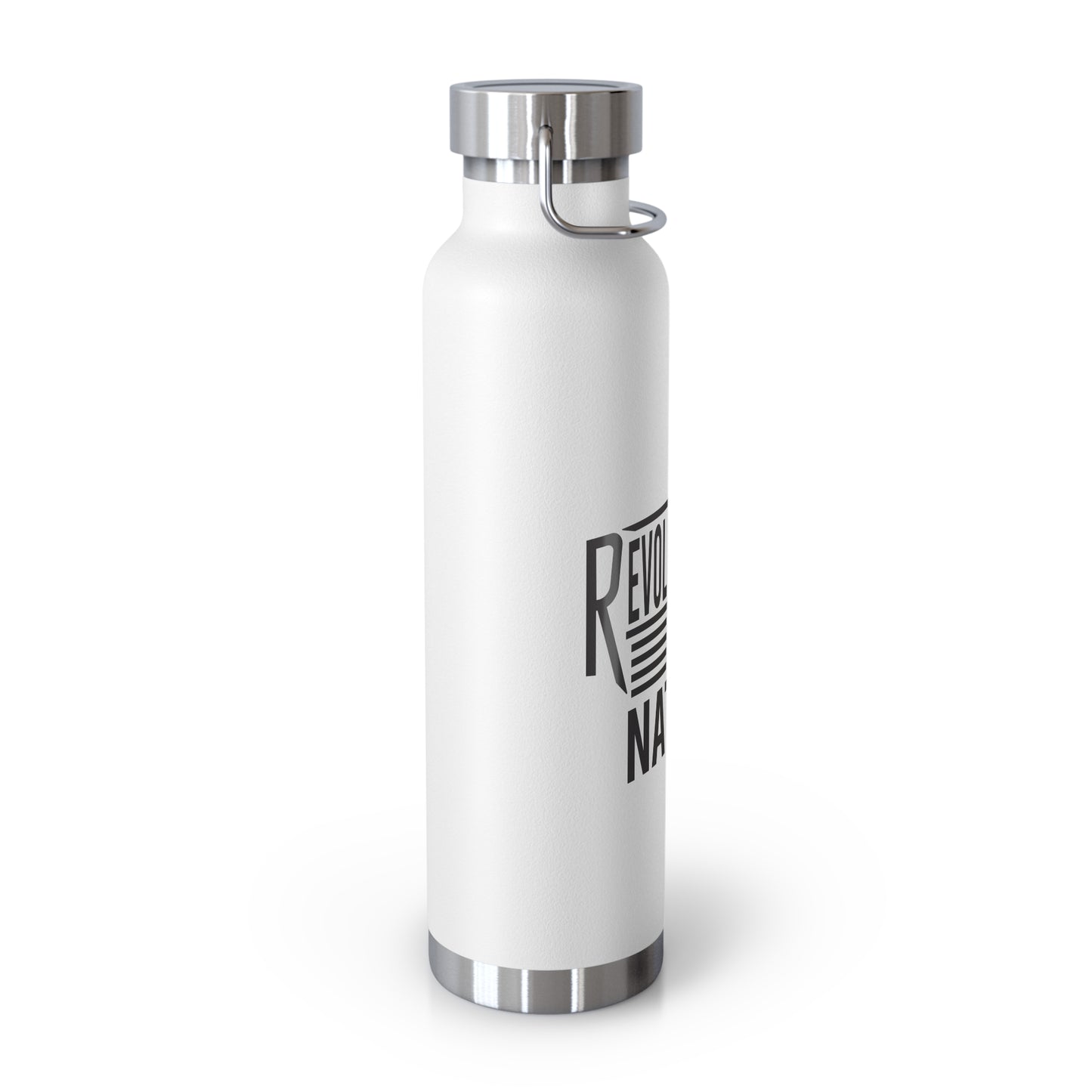 White stainless steel water bottle with revolutionary by nature text and metal screw cap