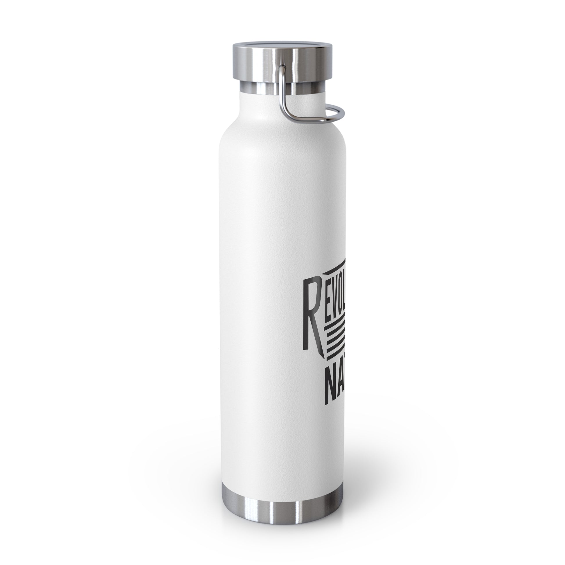 White stainless steel water bottle with revolutionary by nature text and metal screw cap