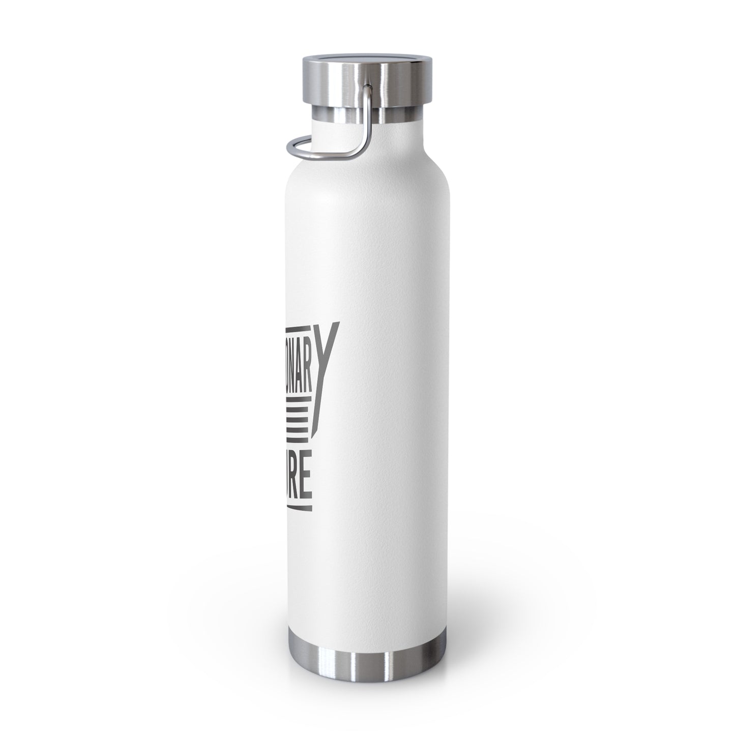 Printify white stainless steel water bottle with revolutionary by nature text design