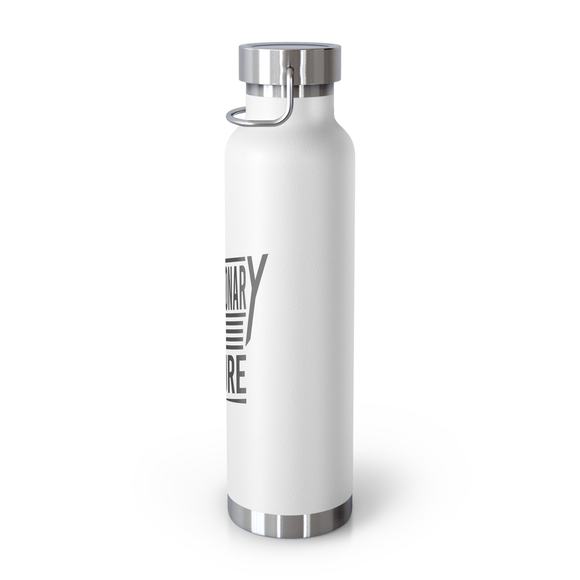 Printify white stainless steel water bottle with revolutionary by nature text design