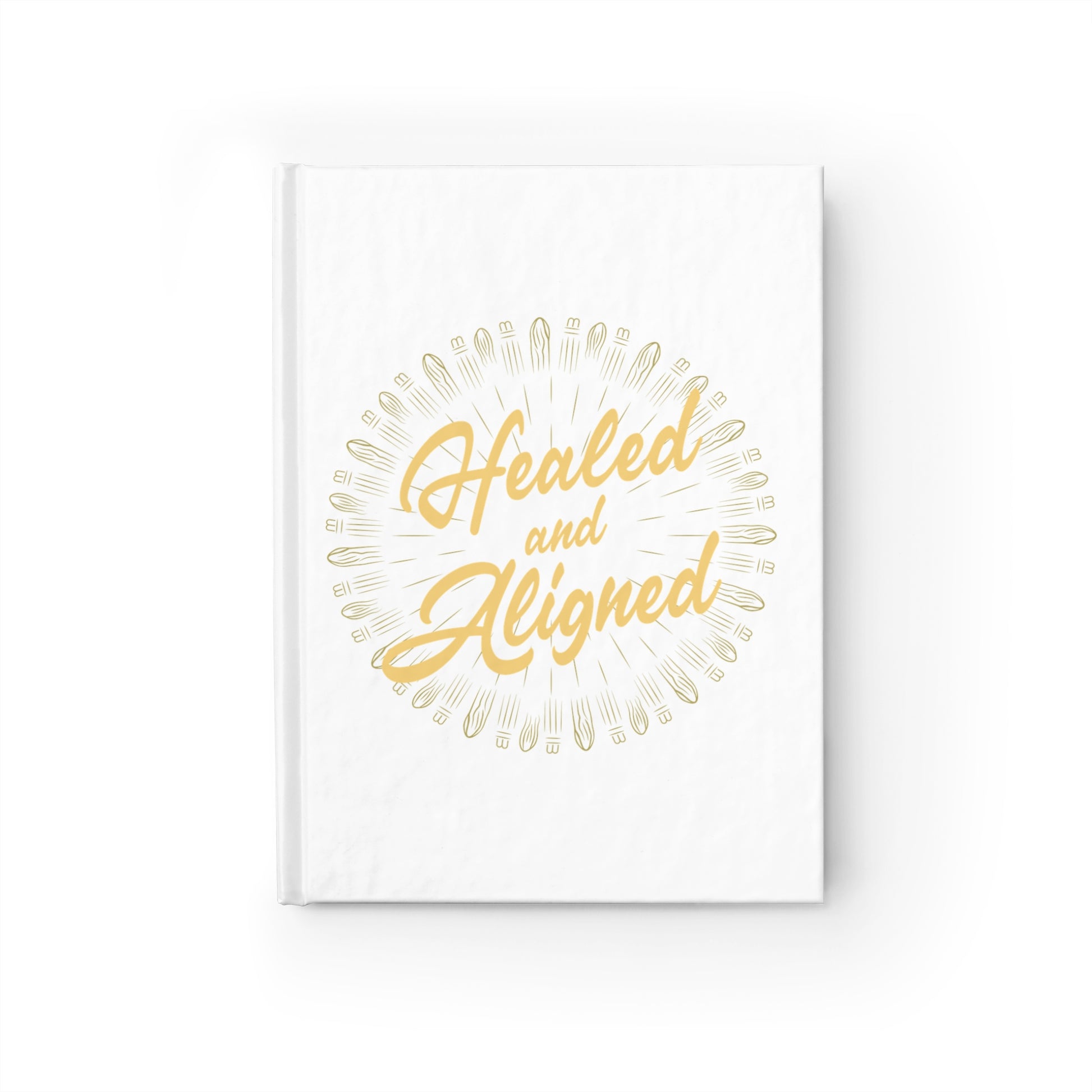 Printify spiritual journaling notebook with healed and aligned gold design on white cover