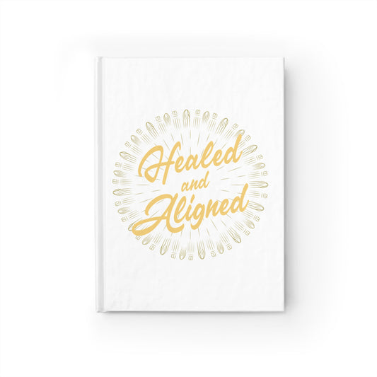 Printify spiritual journaling notebook with healed and aligned gold design on white cover