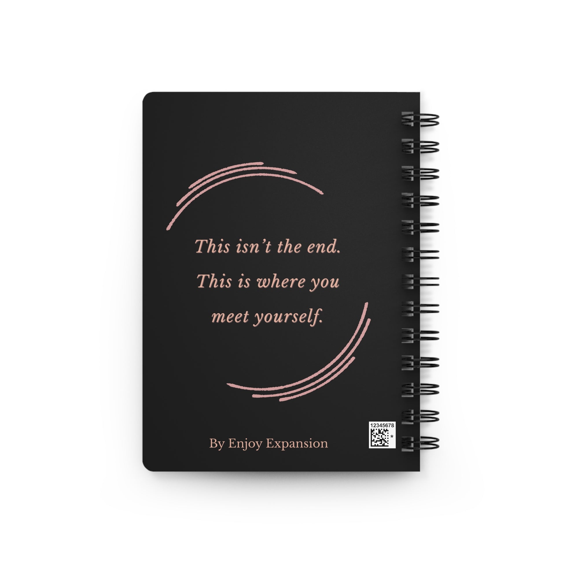 Black spiral notebook with inspirational quote and Printify transformational journaling guide cover design